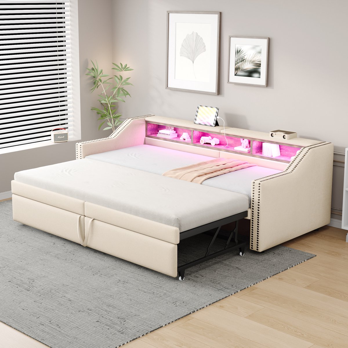 Uitschuifbare slaapbank 90/180x200 cm - van eenpersoons naar tweepersoons - beige linnen - opbergvakken met USB en LED - lattenbodem inbegrepen