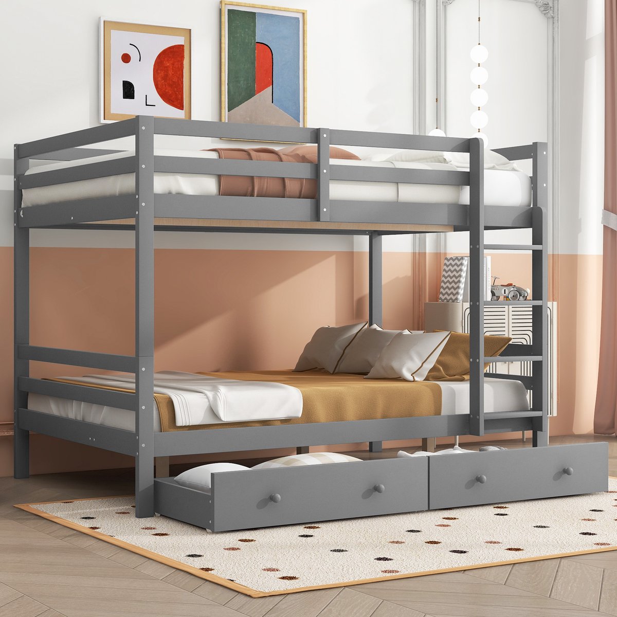 Stapelbed voor kinderen met opberglades en hoge randen - 140x200 cm tweepersoons - grijs - massief grenen en MDF frame - ruime opbergruimte onder het bed - inclusief 2 lattenbodems