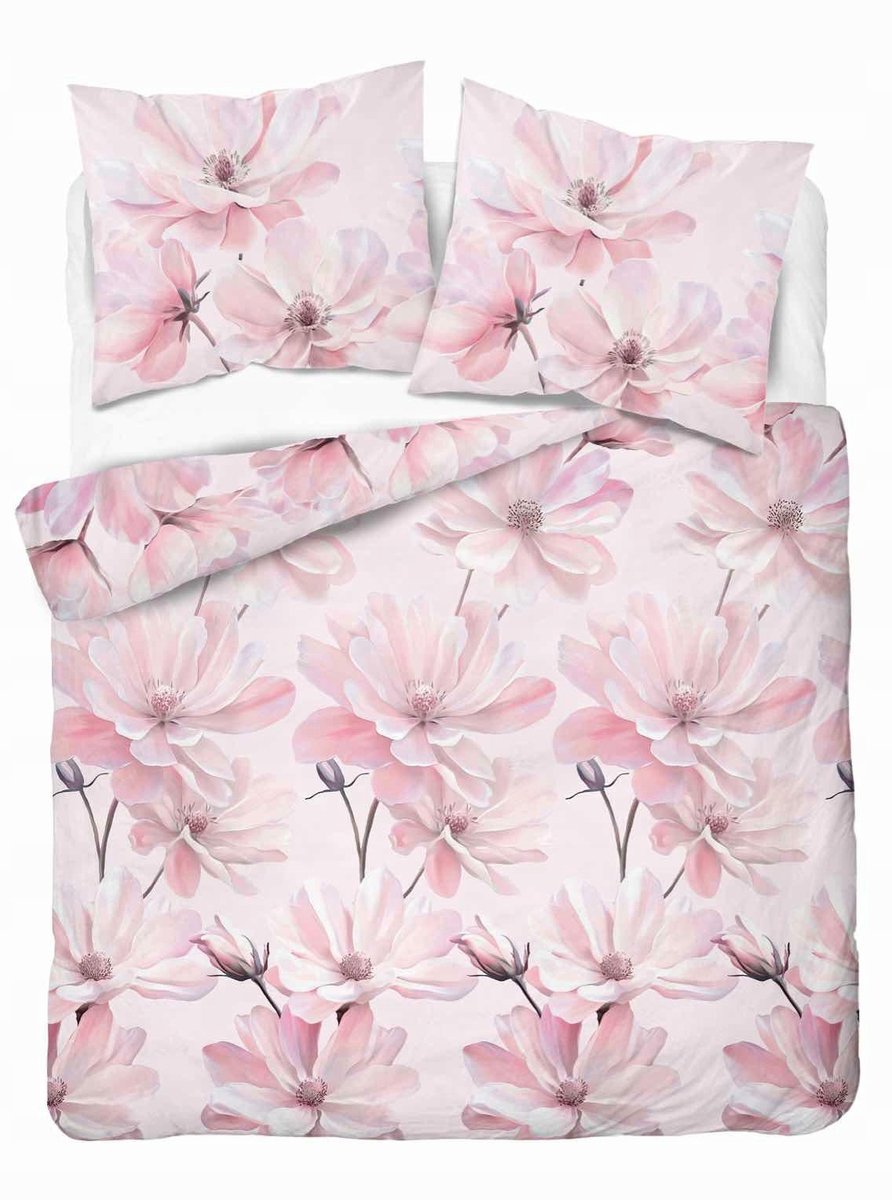 Satijnen dekbedovertrek 220x200 cm met grote roze bloemen