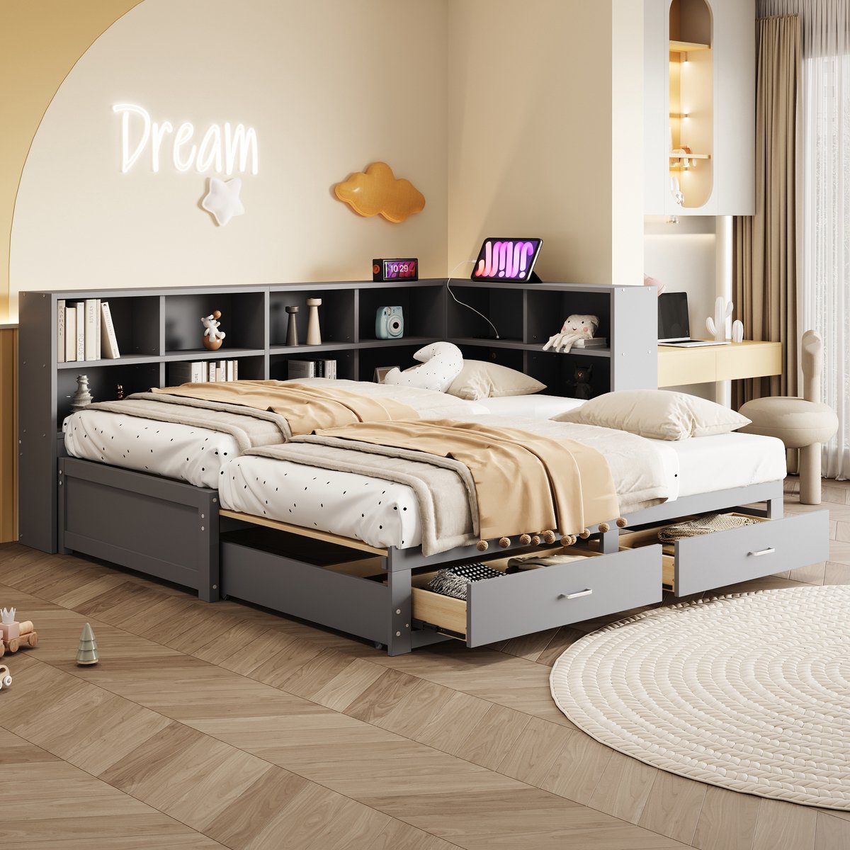 Houten slaapbank met uitschuifbed en opbergvakken - Ruimtebesparend voor compacte ruimtes - 90/180x190 cm, 1-2 personen - Grijs - Geïntegreerd stopcontact, USB en 2 laden - Inclusief lattenbodems