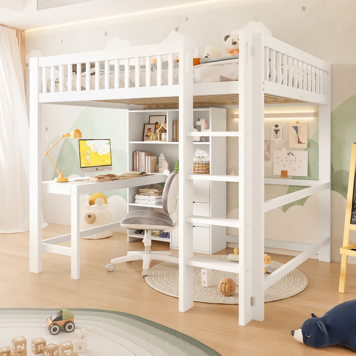 Hoogslaper 140x200 cm - complete slaap- en studeerplek voor de kinderkamer - wit - geïntegreerd bureau met 3 lades en open vakken - hoog veiligheidsrek - stevig grenen frame