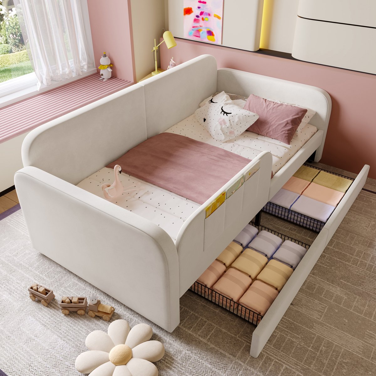 Gestoffeerd kinderbed 90x200 cm - 2-in-1 aanschuifbed en zelfstandig dagbed - Wit - Met 2 opberglades en 3 zijvakken - Zachte fluwelen bekleding