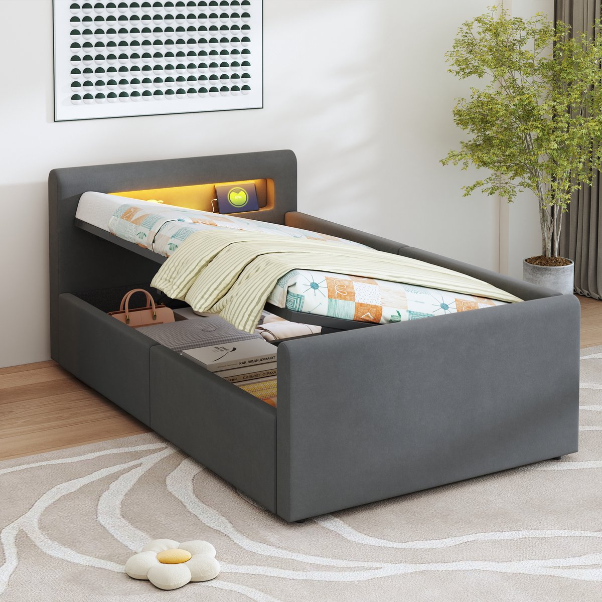 Kinderpolsterbed - Slaapbank met LED-nachtlamp, USB en hydraulische berging - 90x200 cm eenpersoons - Donkergrijs fluweel - Omkeerbare zijleuning en opbergplank