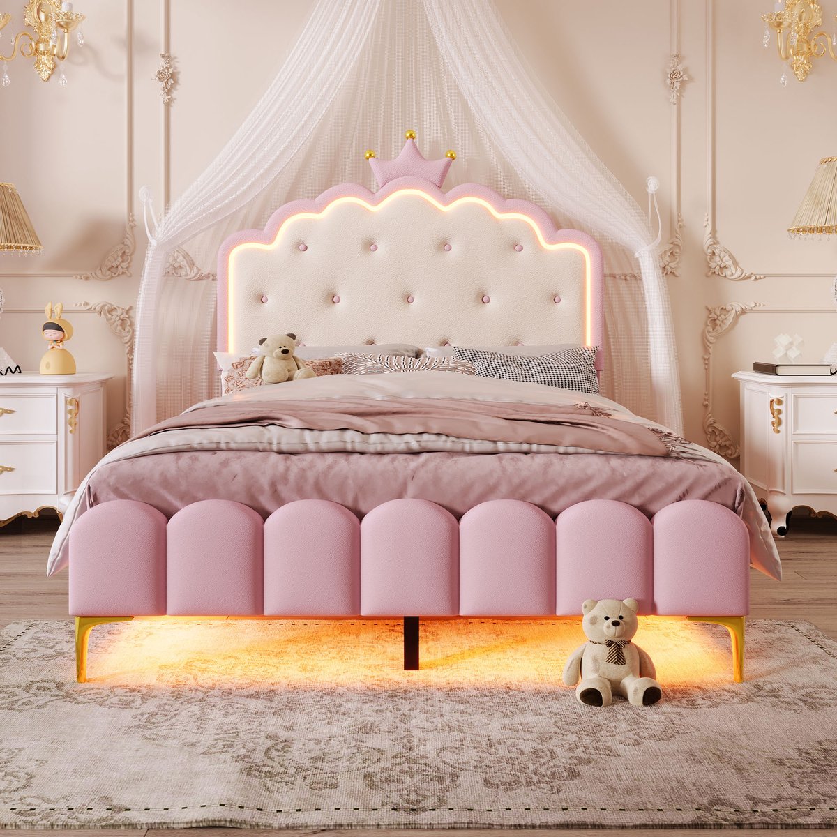 Prinsessenbed 140x200 cm - Met kroon en LED-sfeerverlichting met afstandsbediening - Roze - Zachte PU-bekleding, inclusief lattenbodem