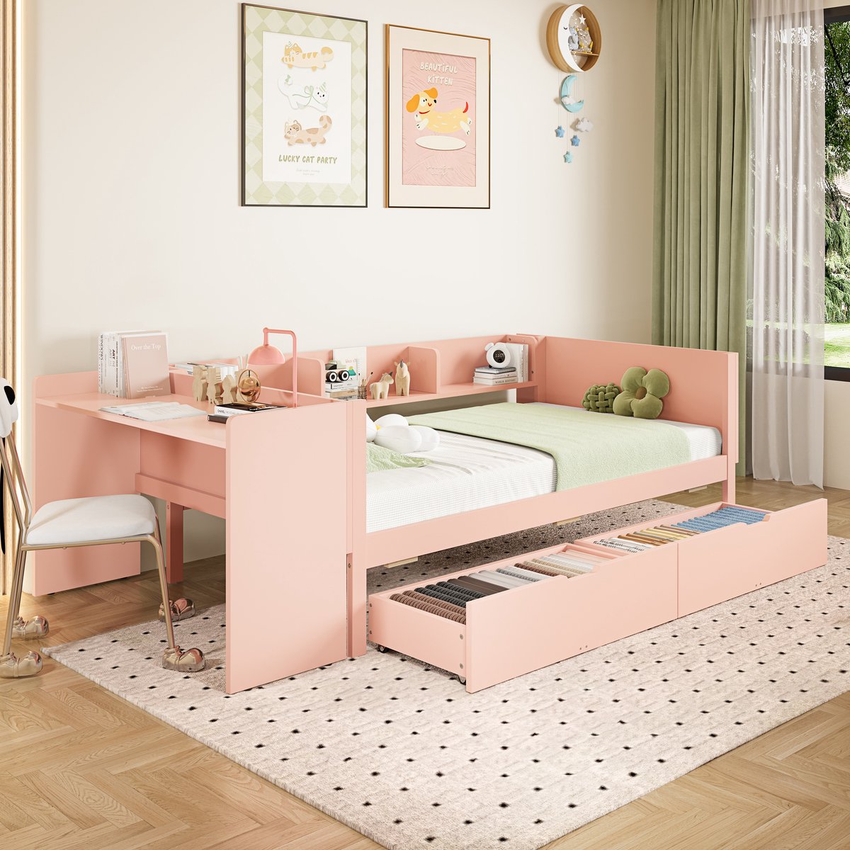 Houten eenpersoonsbed 90x200 cm - multifunctioneel kinderbed met bureau, 2 lades en opbergplanken - roze - stevig grenen frame en hoge veiligheidsrekken - vloerbed ontwerp zonder boxspring