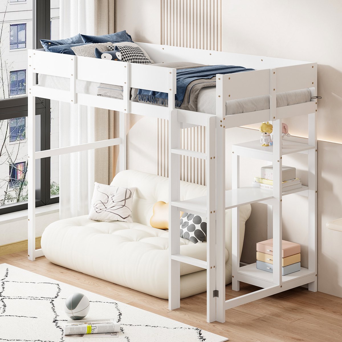Hoogslaper voor kinderen - met open opbergvakken en veiligheidshekken - 90x200 cm eenpersoons - wit - massief grenen frame - 15 stevige latten - ruimte onder het bed voor spelen en opbergen
