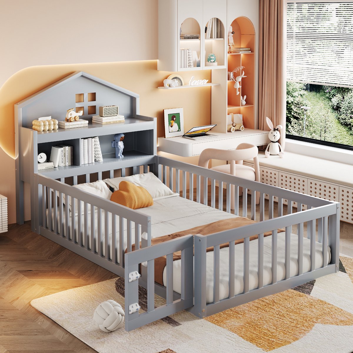 Huisbed met opbergvakken, deur en krijtbord - creatieve kinderkamer - 90x200 cm eenpersoons - grijs - massief grenen frame met valbeveiliging - inclusief lattenbodem