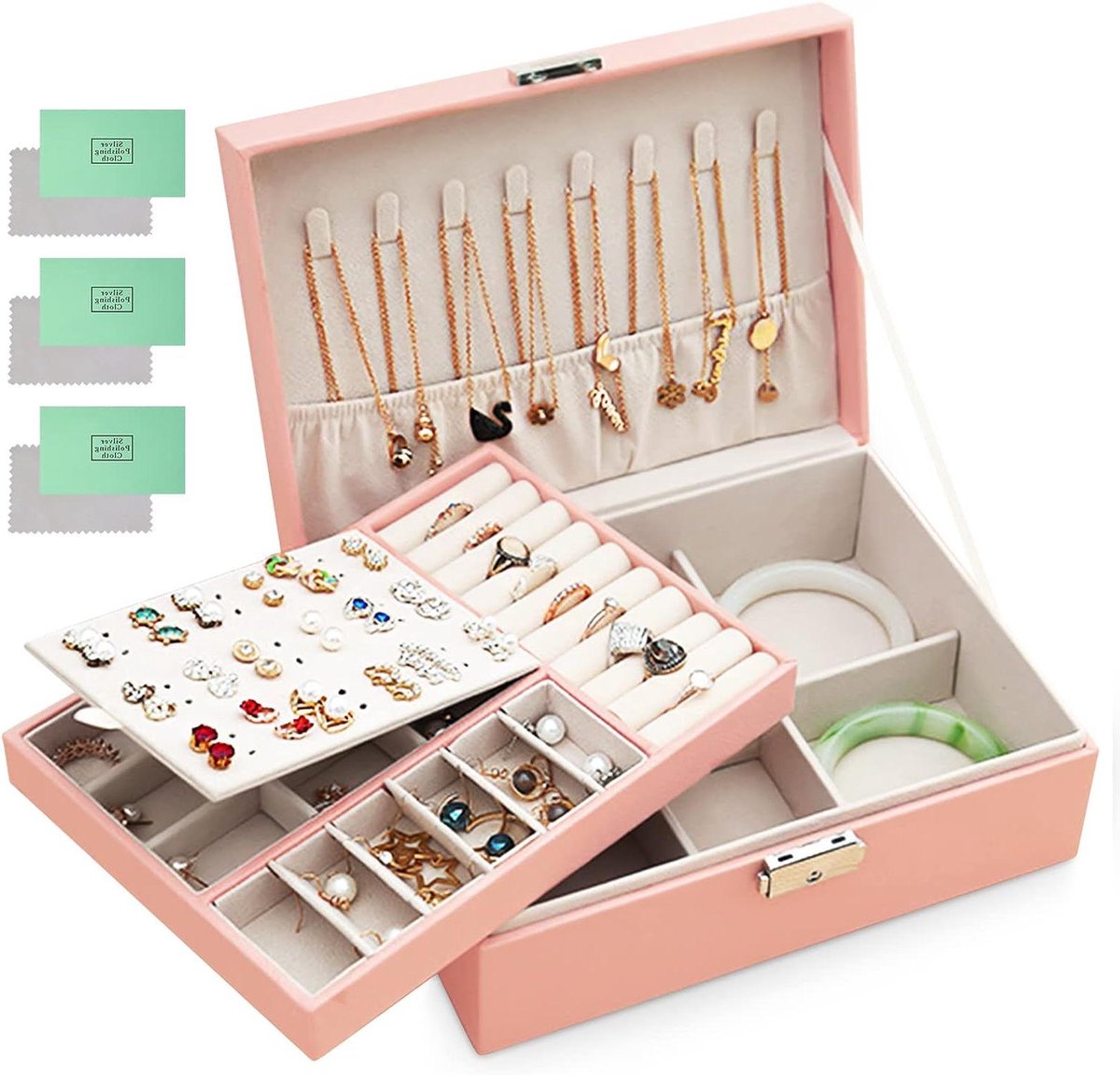 Sieradendoos - Juwelendoos Organizer - Sieraden Opbergen - Twee Lagen - 23 x 17 x 9 cm - Roze
