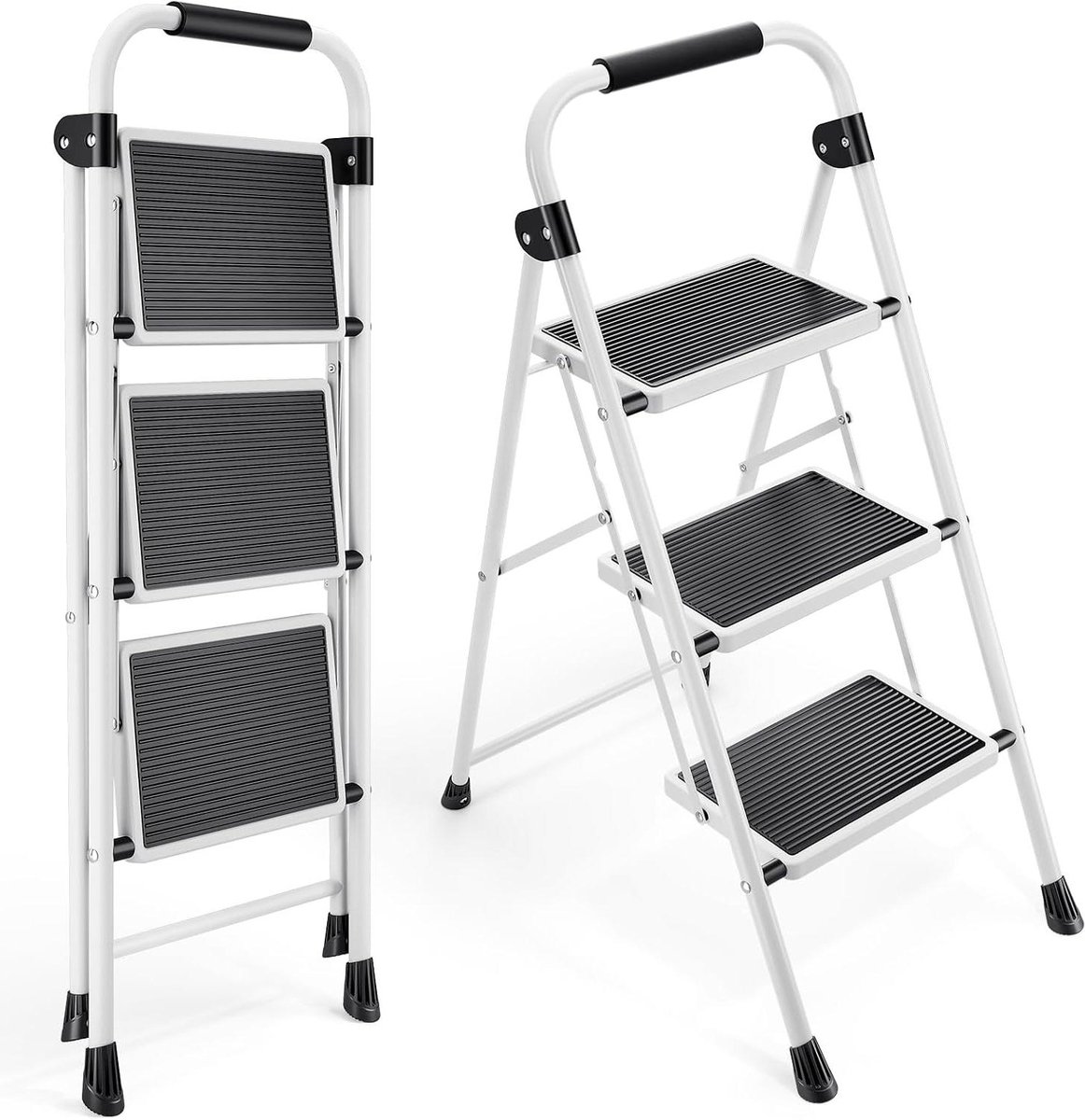 Trapladder 3 Treden - Vouwladder Opstapkruk - Huishoudelijk Gebruik - Met Veiligheidsleuning - Opvouwbaar 5cm - Wit