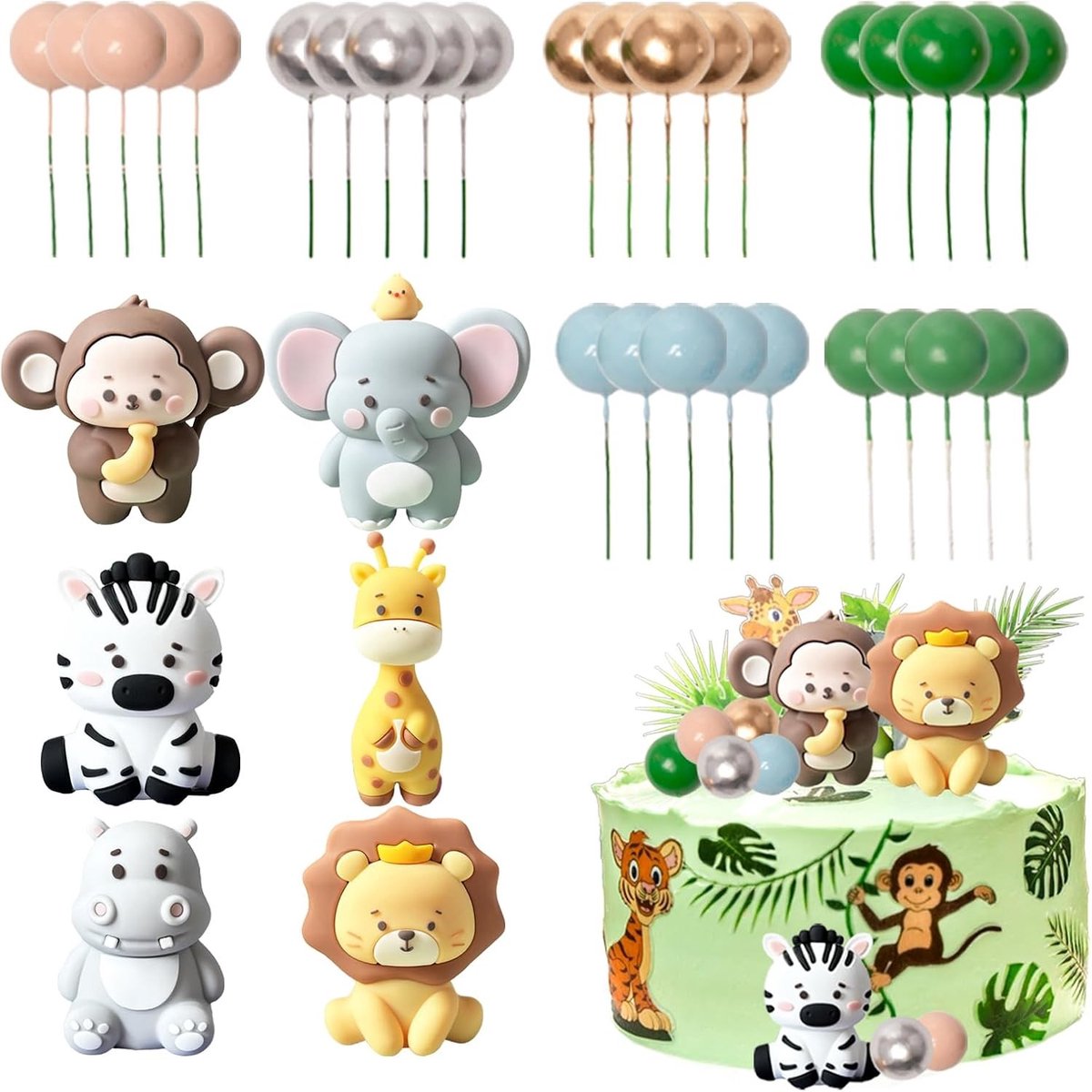 36-delige jungle dieren taartdecoratieset met 3D jungle dieren cake toppers en ballen voor verjaardagsfeestjes