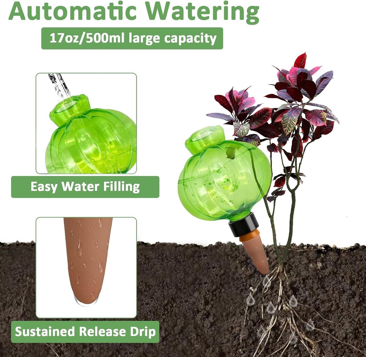 Set van 3 Irrigatieballen, 500 ml Pompoenontwerp, Automatische Plantenbewatering met Klei Cone, Waterdispenser voor Binnenplanten, Balkon en Tuin, Ideaal voor Groene Planten en Tuinonderhoud