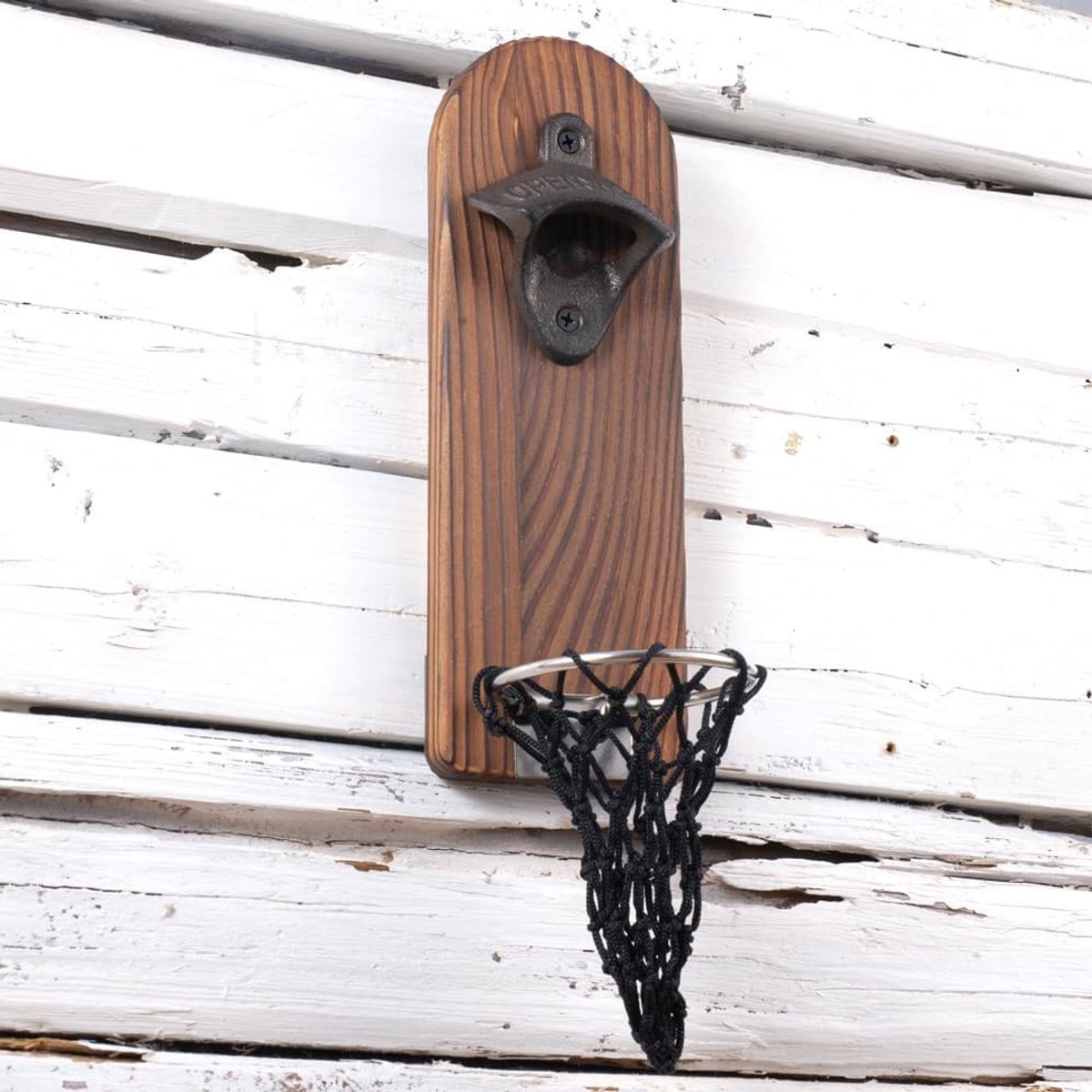 Houten Flessenopener met Magneet en Verzamelnet voor Bier, Perfect Cadeau voor Bierliefhebbers en Mannen, Keuken en Bar Decoratie