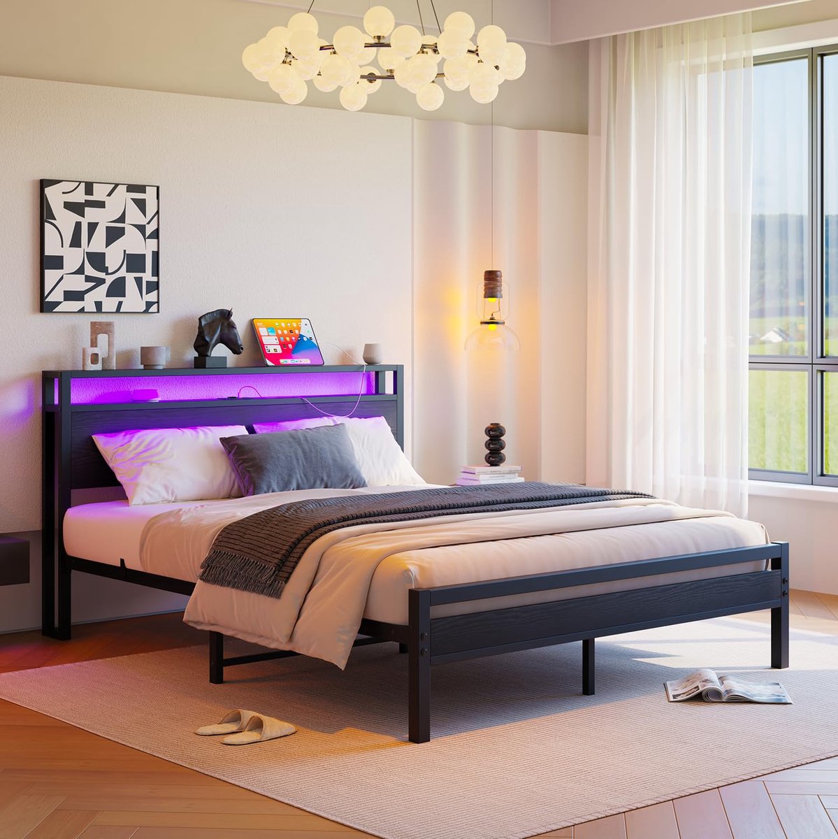 DESMIU Bed 140x190cm – Metalen Bedframe Met Led Verlichting En Usb Oplaadfunctie – Hoofdbord Met Opbergruimte – Voor Slaapkamer – Zwart – Zonder Matras