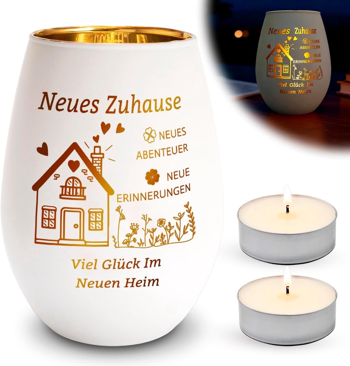Windlicht van glas - Housewarming cadeau - 11,8 x 8,7 cm - Gegraveerd met gouden accent - Voor sfeervolle woondecoratie