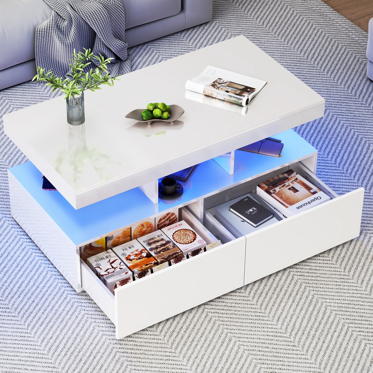 Salontafel 104x53x46 cm, koffietafel met LED-verlichting en 2 lades, multifunctionele tafel met opbergruimte voor woonkamer, moderne tafel, wit