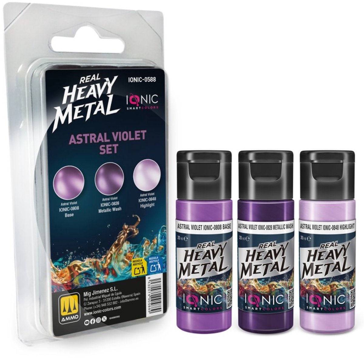 AMMO by Mig Jimenez Hobbyverf Acrylverf - MIG IO0588 Ionic Smart Colors - Real Heavy Metal - Astrale Violet Kleurenset - Acryl Set 3x20 ml Verf set - 3x 20 ml