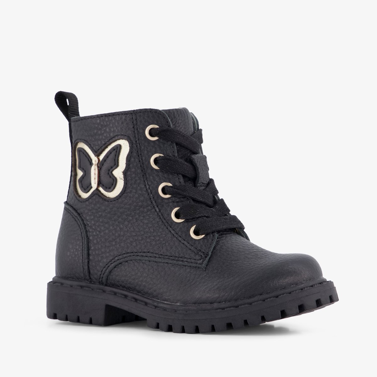 Stap leren meisjes veterboots met vlinder zwart - Maat 25