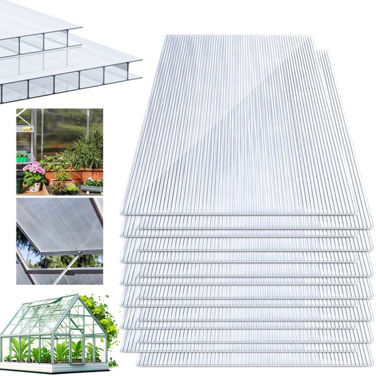Een stapel transparante polycarbonaat kanaalplaten, met kleine afbeeldingen van een kas en tuinhek.