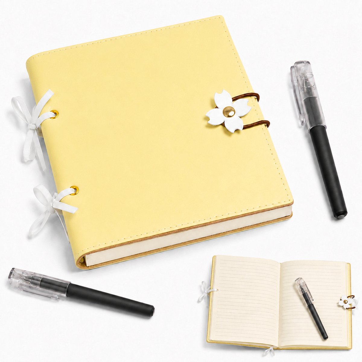 VHV - Notitieboek -Geel Dagboek - Bloemmotief -3D Sluiting 15x15cm - 240Vellen -Inclusief twee pennen- Notitieboeken - PU Lederen Schrijfblok voorSchool, Studie, Werk Journaling en Schetsen