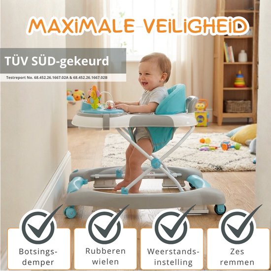 BRONEA® 4-in-1 Loopstoeltje vanaf 6 maanden - Babywalker met schommelfunctie en speelpaneel met muziek - in hoogte verstelbaar & klapbaar - Geruisarme wielen en remmen - blauw turquoise van BRONEA — afbeelding 5