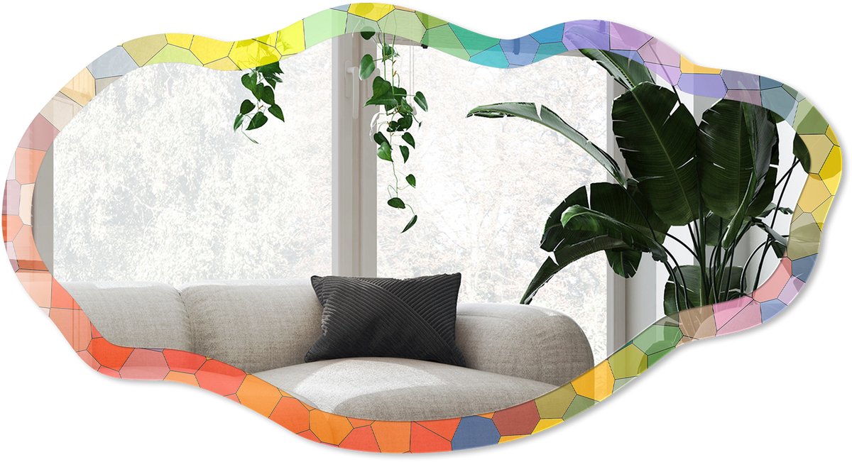 Wallfluent Kleurrijk Mozaïek Spiegel - Geel Moderne Rechthoekige Wandspiegel - Organische Spiegel - Woonkamer, Kantoor, Hal - Abstract - 45x90 cm - Totale afmeting 52x97 cm