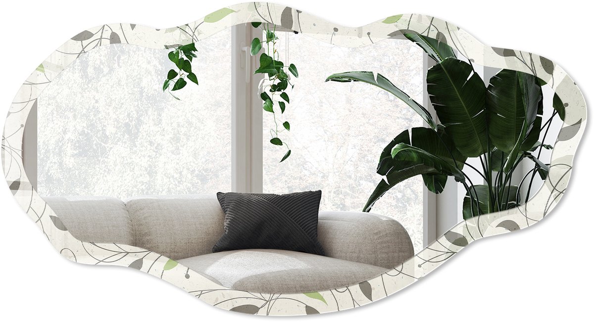 Wallfluent Plantenpatroon Spiegel - Romig Moderne Rechthoekige Wandspiegel - Organische Spiegel - Slaapkamer, Woonkamer, Kantoor - Minimalistisch - 45x90 cm - Totale afmeting 52x97 cm