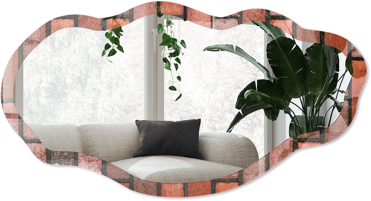 Wallfluent Bakstenen Zolder Spiegel - Rood Rechthoekige Spiegel Met Modern Design - Organische Spiegel - Woonkamer, Kantoor, Hal - Industrieel / Loft - 45x90 cm - Totale afmeting 52x97 cm