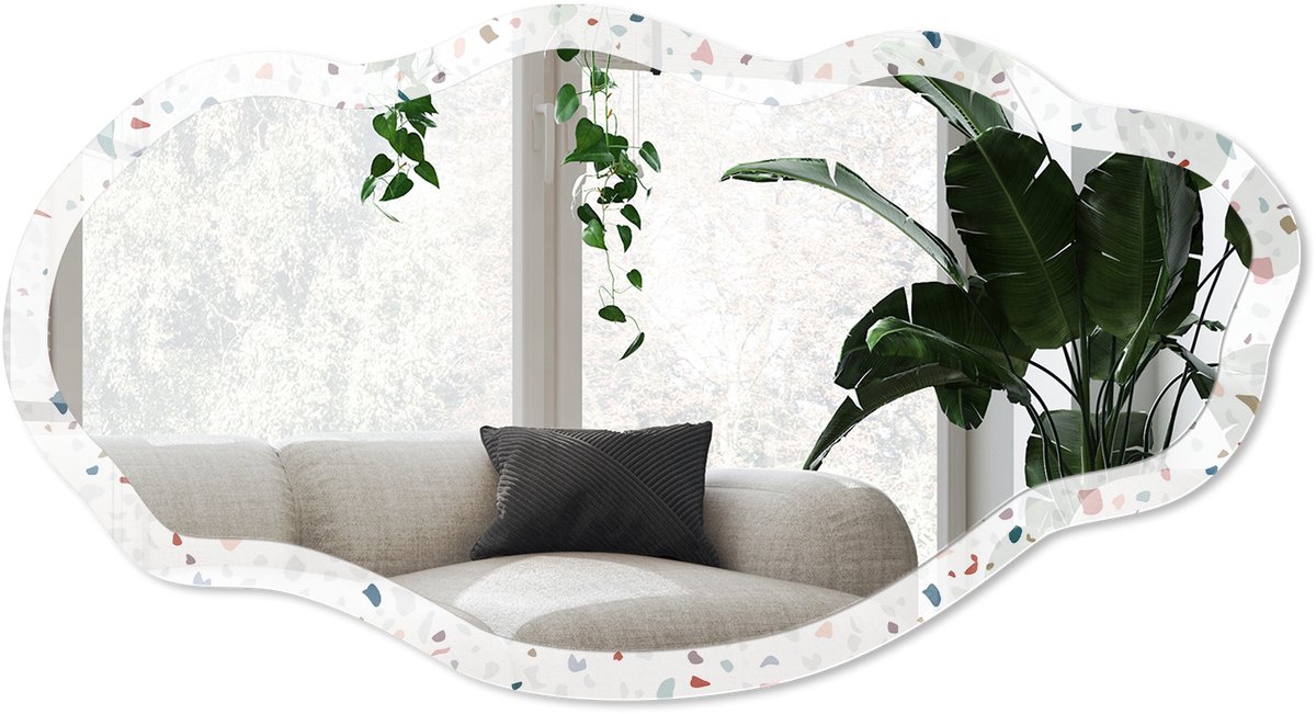 Wallfluent Pastel Terrazzo Spiegel - Wit Stijlvolle Wandspiegel - Organische Spiegel - Badkamer, Keuken, Hal - Modern - 45x90 cm - Totale afmeting 52x97 cm