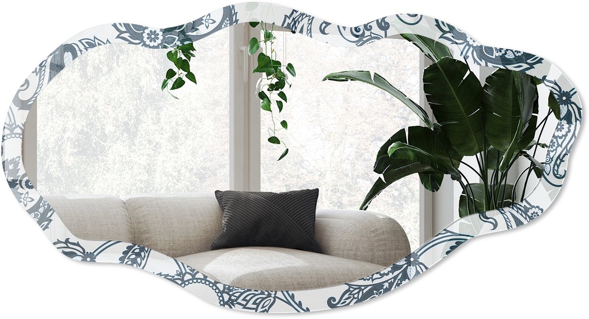Wallfluent Elegante Ornamenten Spiegel - Grijs Strakke Rechthoekige Spiegel - Organische Spiegel - Woonkamer - Boho - 45x90 cm - Totale afmeting 52x97 cm