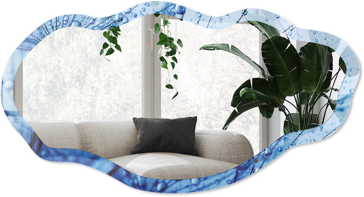 Wallfluent Blauwe Paardenbloem Spiegel - Blauw Rechthoekige Spiegel Met Modern Design - Organische Spiegel - Slaapkamer, Woonkamer, Kantoor - Fotografisch - 45x90 cm - Totale afmeting 52x97 cm
