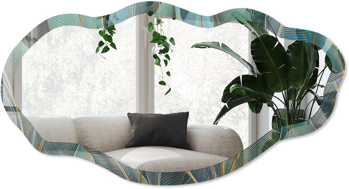 Wallfluent Botanische Elegantie Spiegel - Groen Strakke Rechthoekige Spiegel - Organische Spiegel - Woonkamer - Modern - 45x90 cm - Totale afmeting 52x97 cm