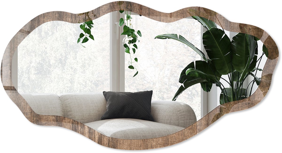 Wallfluent Houtstructuur Spiegel - Bruin Elegante Rechthoekige Wandspiegel - Organische Spiegel - Woonkamer, Kantoor, Slaapkamer - Rustiek - 45x90 cm - Totale afmeting 52x97 cm