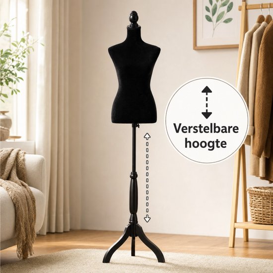 Zwarte paspop met fluwelen bekleding op een verstelbare driepootstandaard.
