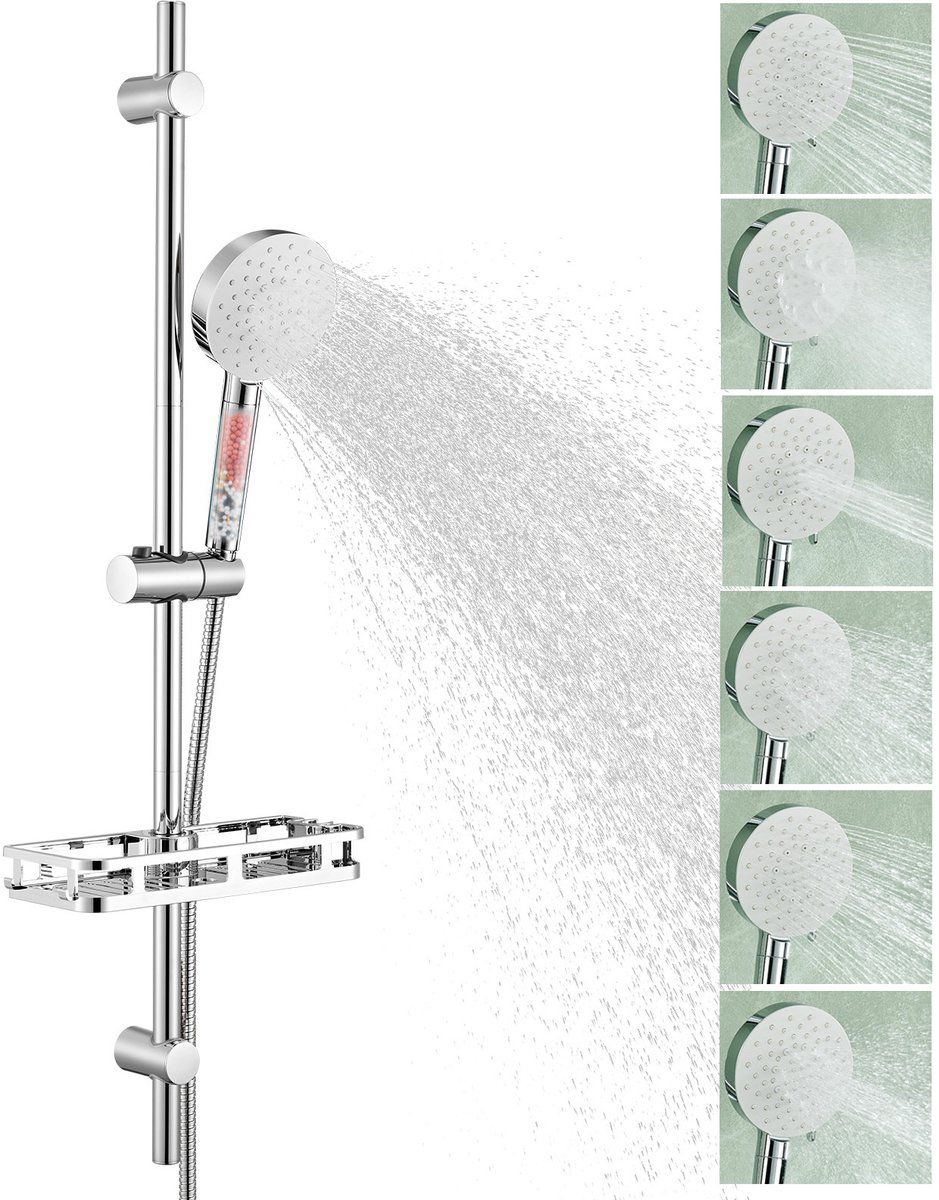 Auralum Max Glijstangset - Doucheset Met Handdouche - 90 cm Glijstang - Inclusief Doucheplank - Douchekop met Filter - 6 Standen - Doucheslang 150 cm - Chroom&Zwart