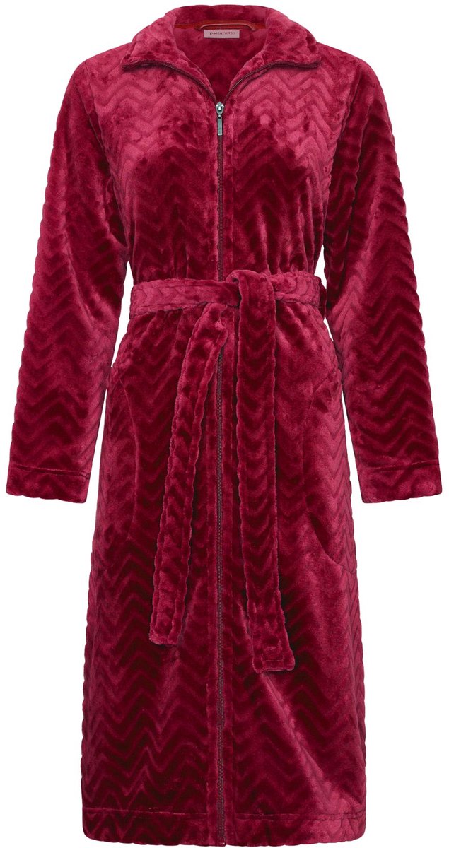 Dames Rits Badjas - Ochtendjas - Zacht & Warm Fleece - Stippen reliëf - bordeauxrood - maat S