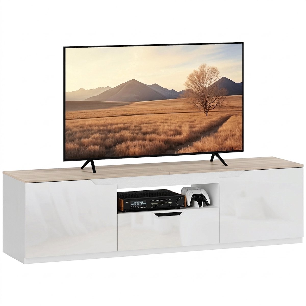 TV-meubel 160 x 38 x 43 cm - Tot 65 inch - Hoogglans - 3 vakken- Naturel