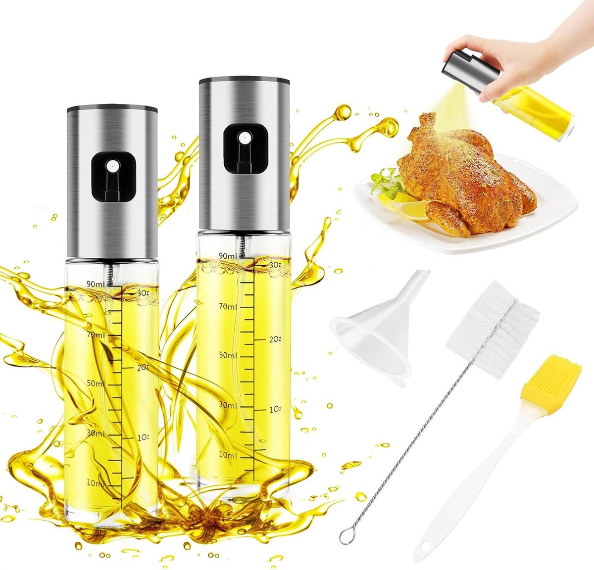 Olijfoliesprayer - Transparant Glas en Roestvrij Staal - 100 ml - Spuitfles met Trechter en Reinigingsborstel - Voor Gezond Koken