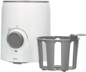 Witte Alecto flessenwarmer met grijze draaiknop en een grijze mandhouder ernaast, op een witte achtergrond.