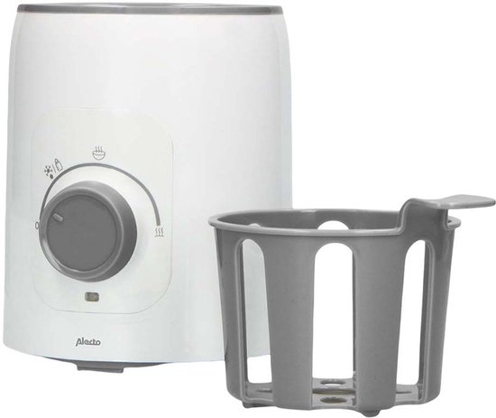 Witte Alecto flessenwarmer met grijze draaiknop en een grijze mandhouder ernaast, op een witte achtergrond.