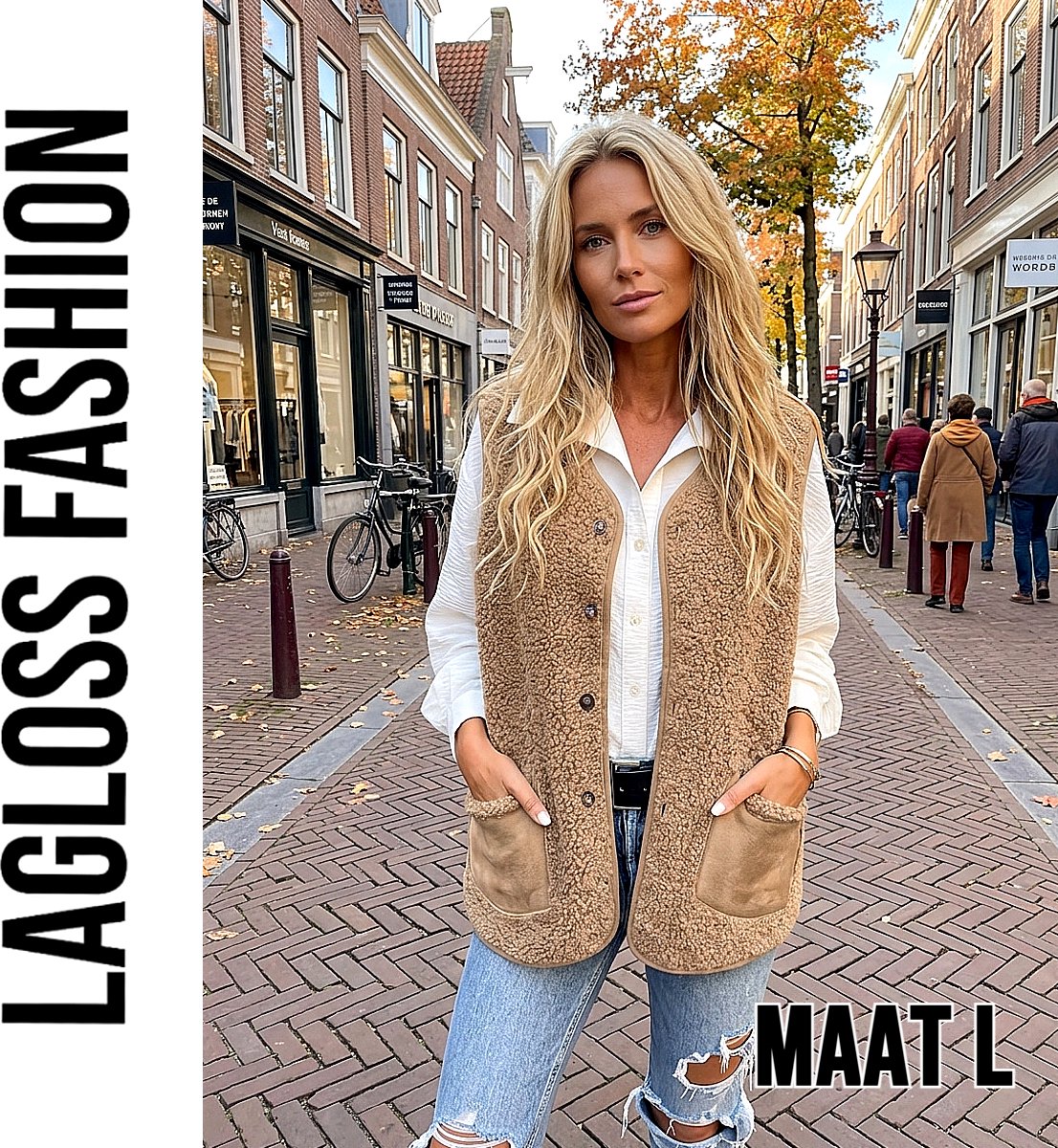 LaGloss® Dames Pluche Vest Gilet Khaki – Warm Mouwloos Vest - Maat L met 2 Zakken – Elegant Teddy Vest voor Lente, Herfst en Winter