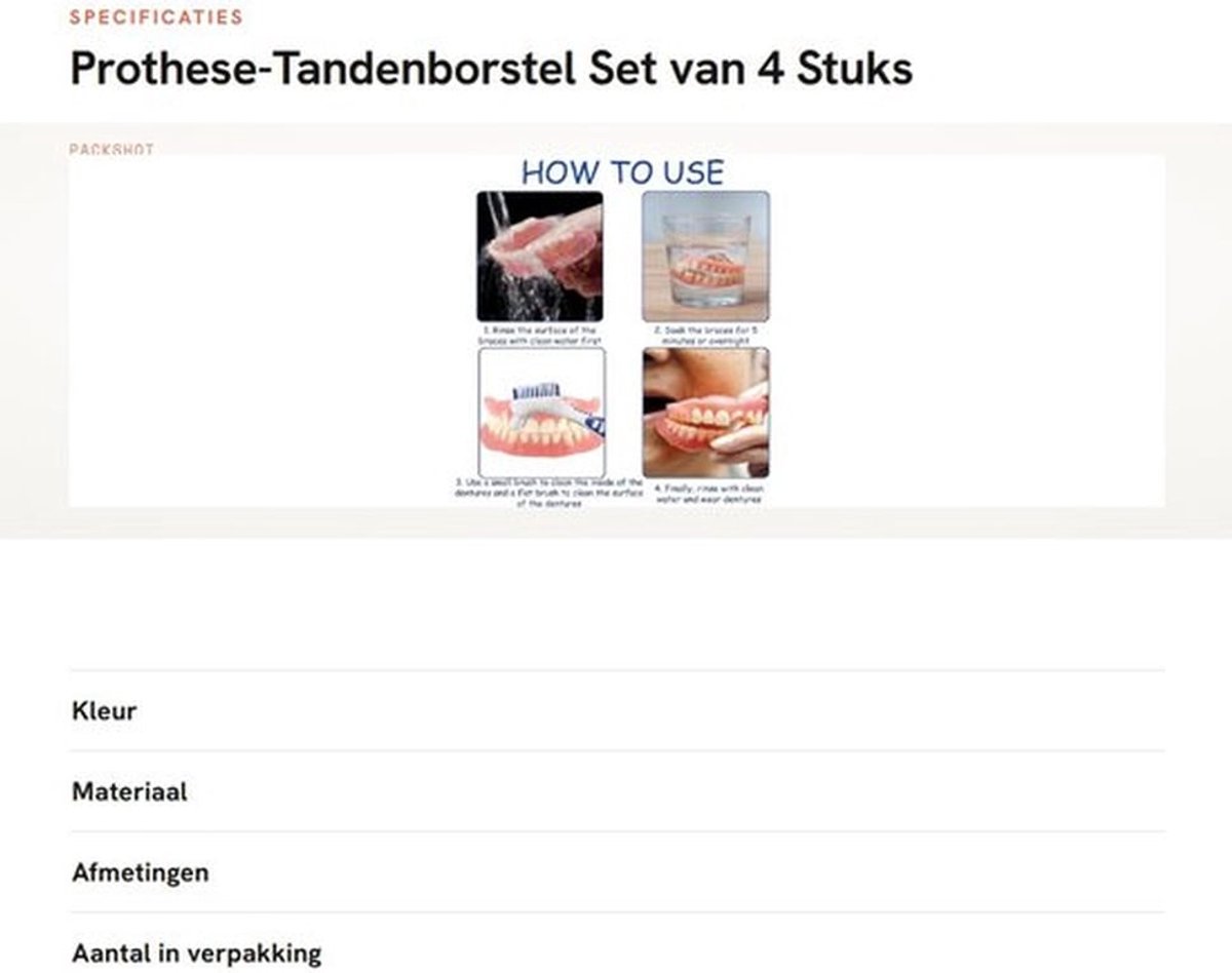 Prothese-tandenborstel 4 stuks - Draagbare Prothesenreinigingsborstel - Dubbelzijdige Borstel - Tandenborstel voor Beugels - Comfortabele Handgreep - 16 cm Lang