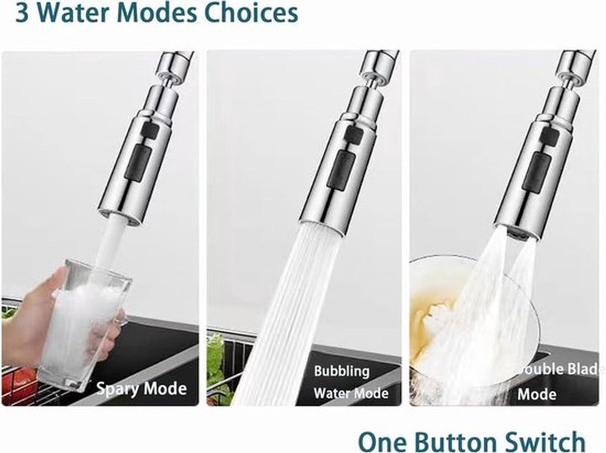 Keukenkraan - Splash-sproeikop - 360 graden draaibaar - Accessoires - Zilver - Sproeikoppen - Drie functies - Geschikt voor Allecta modellen - Keukenkraanaccessoires met draaibare uitloop