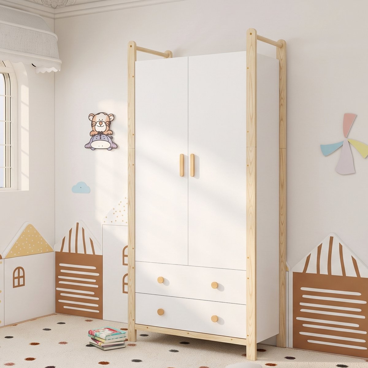 OKWISH Kledingkast 2 Deurs Met Hangroede En 2 Lades Voor Slaapkamer Kinderkamer En Hal Wit Met Natuurhoutlook 90x45x180 Cm Natuurlijk + wit