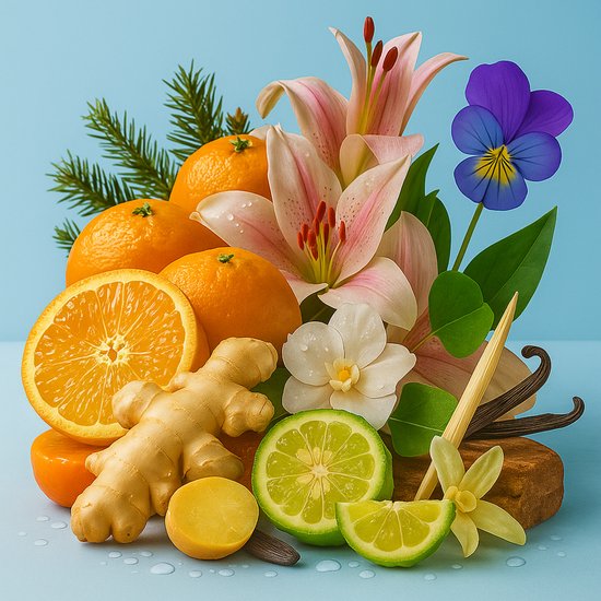 Compositie van sinaasappels, gember, bergamot, lelies, viooltjes en vanille op een lichtblauwe achtergrond.