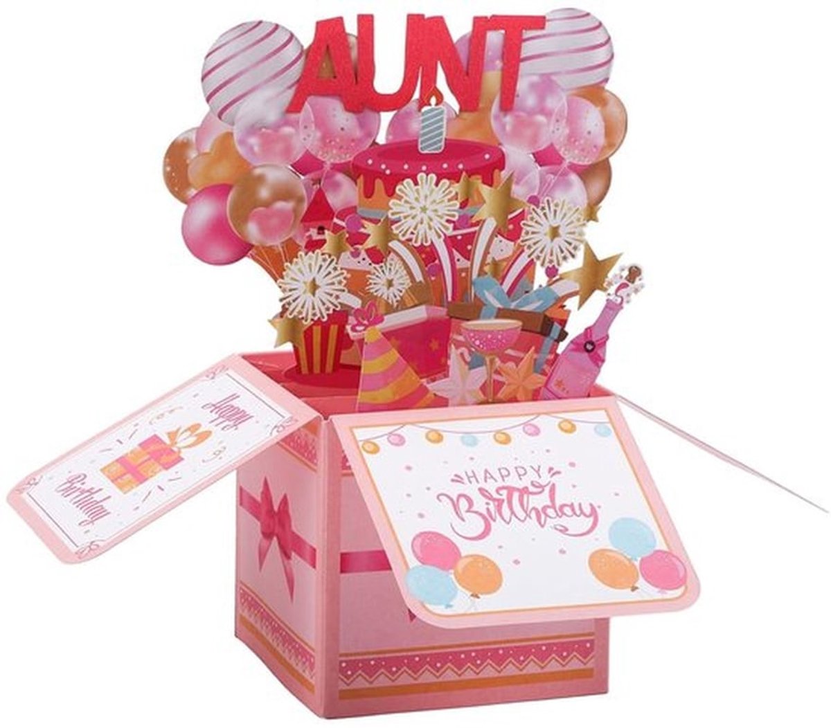 Pop-Upkaart Gelukkige Verjaardag - Verjaardagskaart met Envelop - Multi-color - 25,6x25,6x19,7cm - Cadeau-idee voor Tante - Inclusief Wenskaart