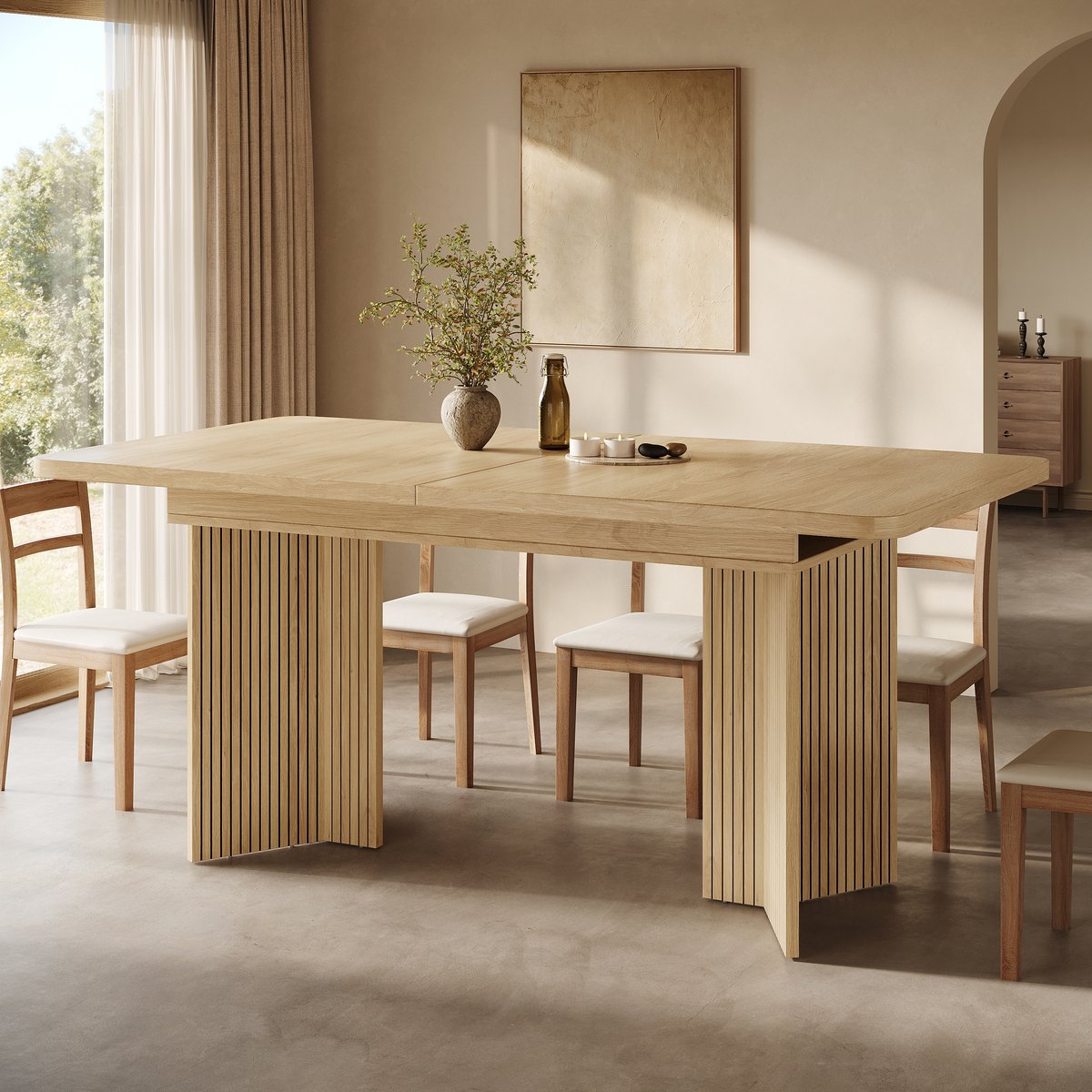 Tafel Uitschuifbaar Eettafel 120 Tot 160 Cm Met V-Vormige Poten En Verticale Ribbels Rechthoekig Voor Eetkamer Hout MDF