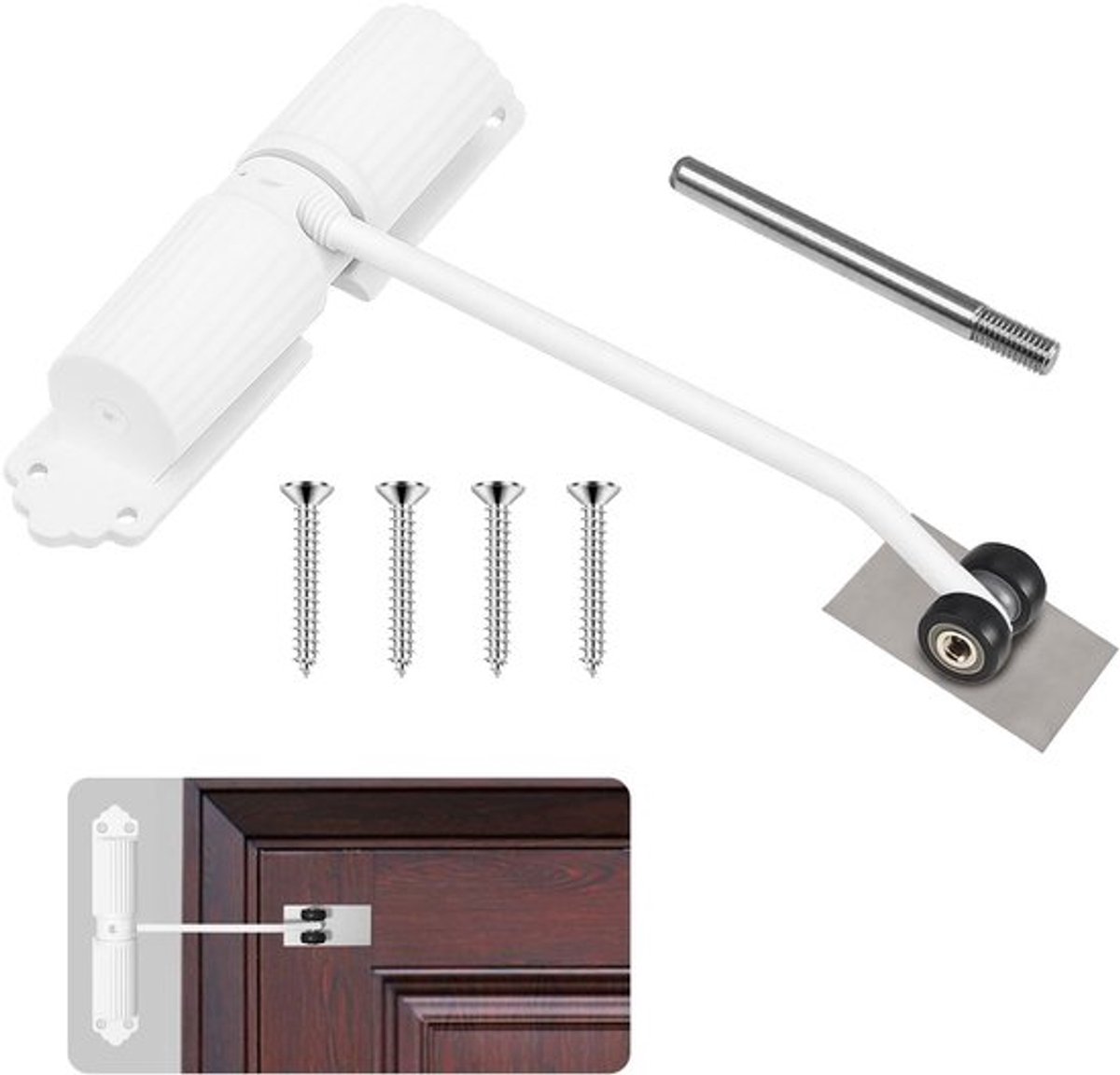 - Automatische Deursluiter - Instelbare Sluitkracht - Ideaal voor Tuindeuren en Kamers - Wit - Perfect voor Zware Deuren - Voor Alu en Hout