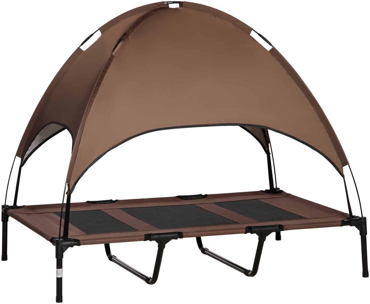 Verhoogd hondenbed met luifel - dierenbed - buitenligstoel voor honden met dak - ademend - taftstof voor kamperen - koffiekleur - 122 x 92 x 108 cm