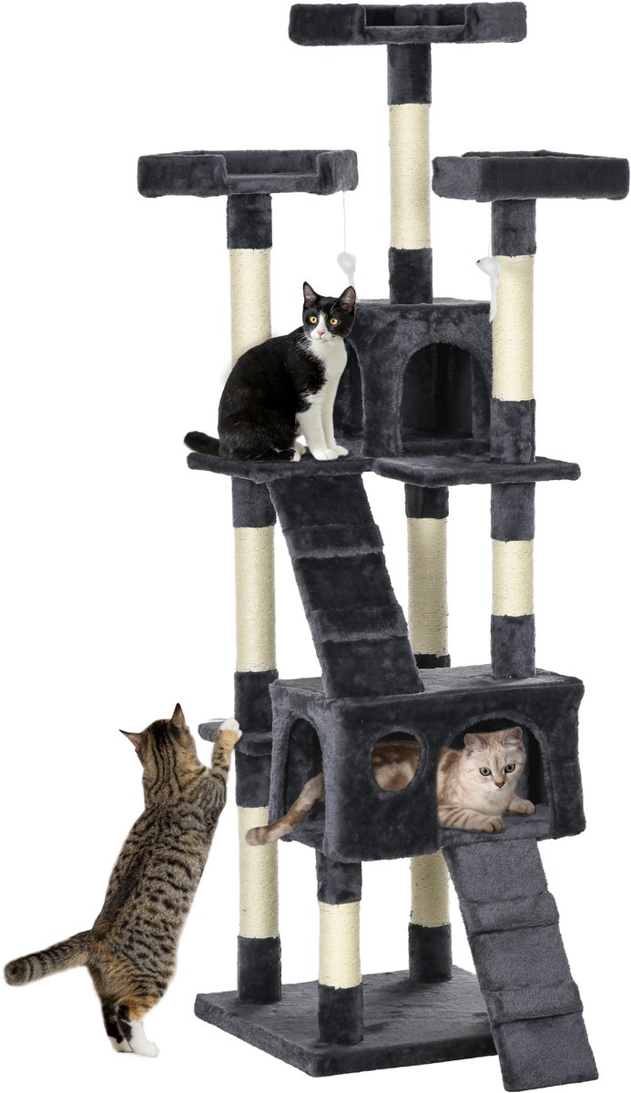 PawHut Cat Tree-Spannplatte, Plüsch-49L x 49B x 173H cm-Dunkelgrau