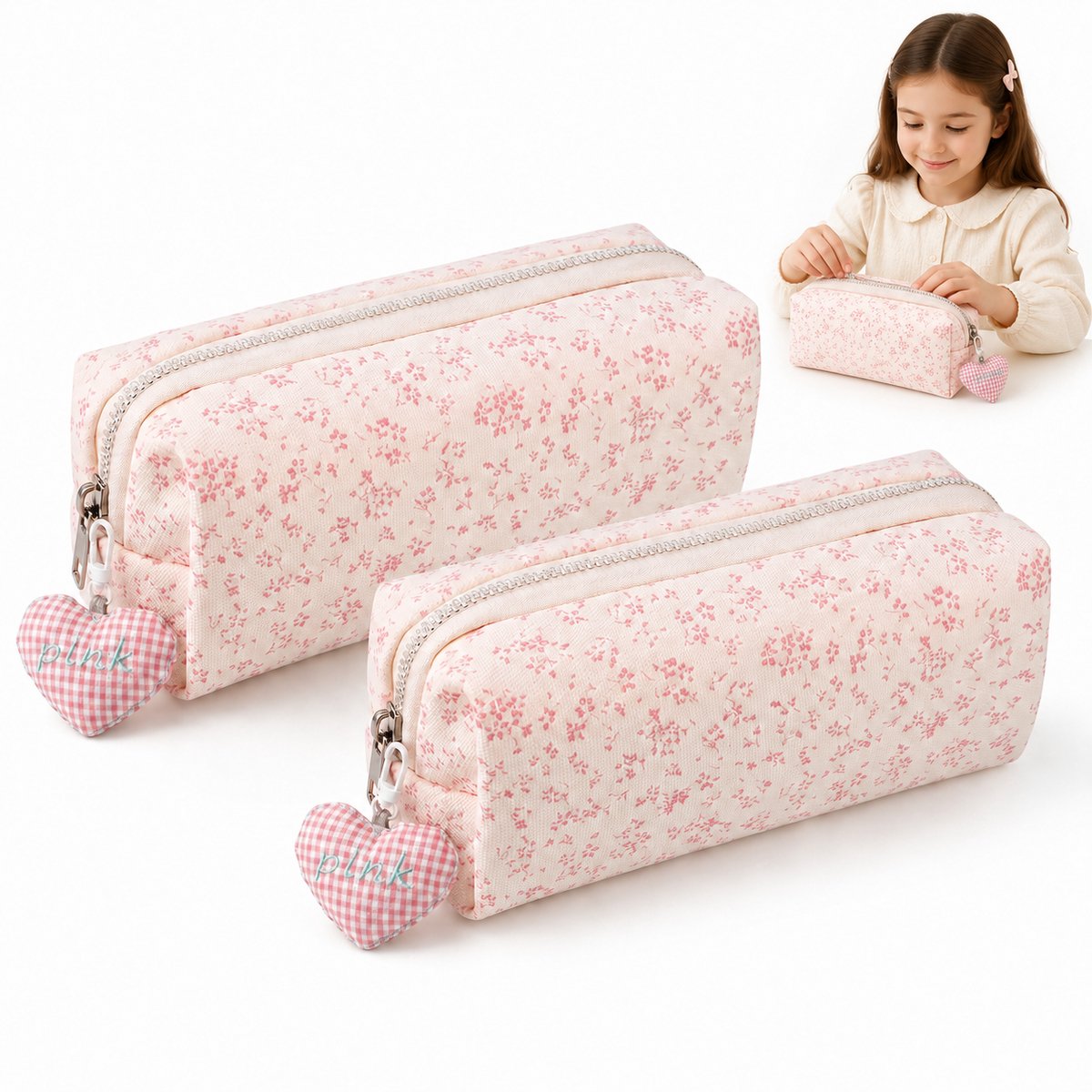 Etui - Pennenzak 2stuks- Grote Inhoud - Canvas - Met Een Hartvormige Hanger - Voor School ,Kantoor, Cosmetisch- Roze